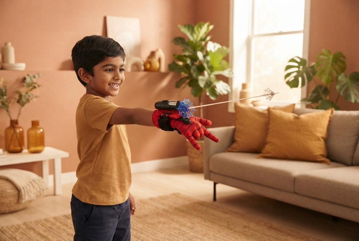 A young South Asian child wearing a wrist-mounted web-shooter toy in a warm, amber-toned living room.