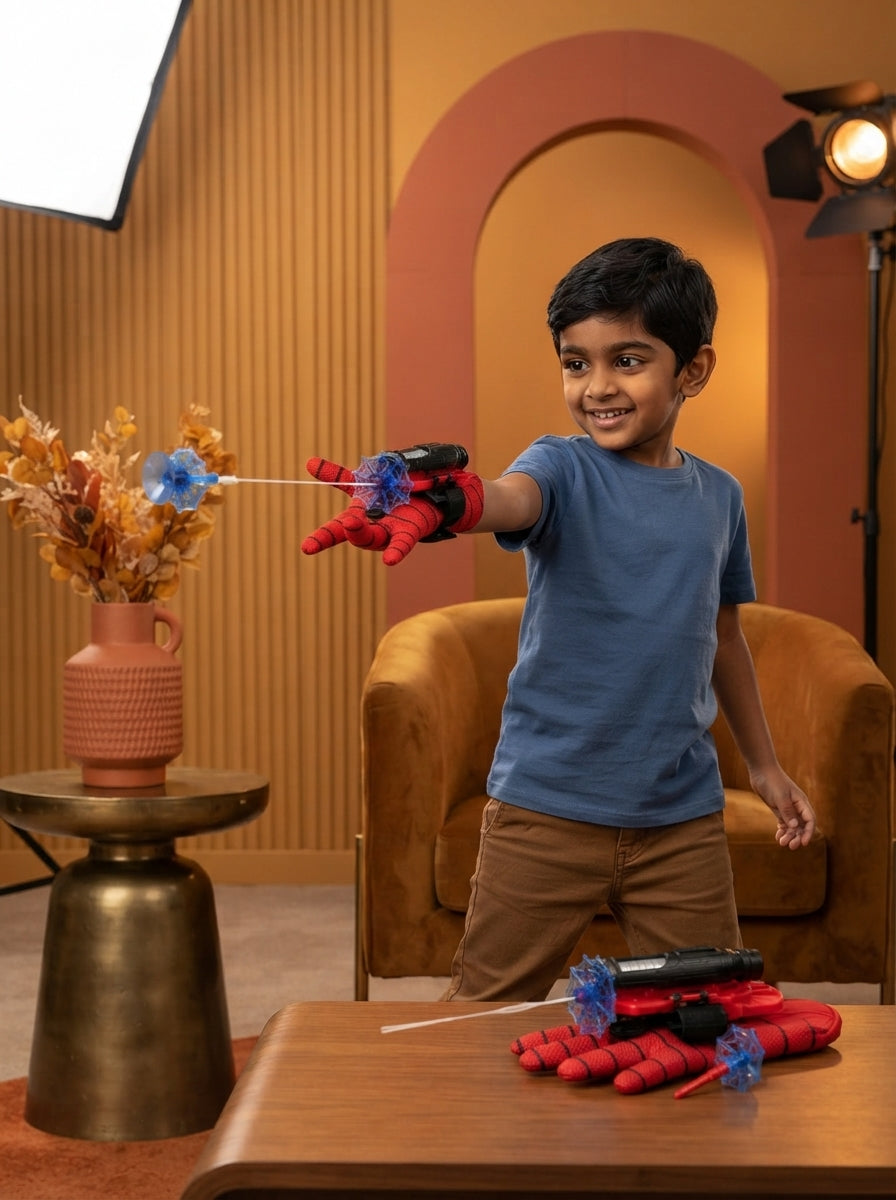 A young South Asian boy wearing a wrist-mounted spider web shooter toy, posed dynamically in a warm-toned modern room.